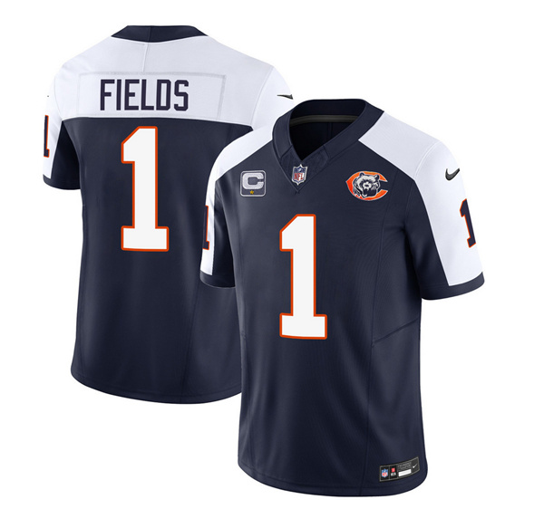 Men's Chicago Bears #1 Justin Fields Navy/White 2023 F.U.S.E. With 1-star C PatchThrowback Limited Football Stitched Game Jersey